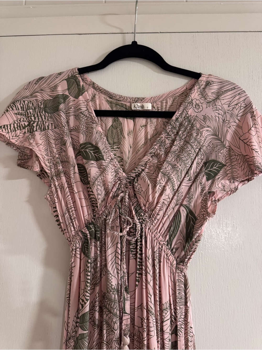 Khush Pink Maxi Dress with Green Leaf Print and Tie Front